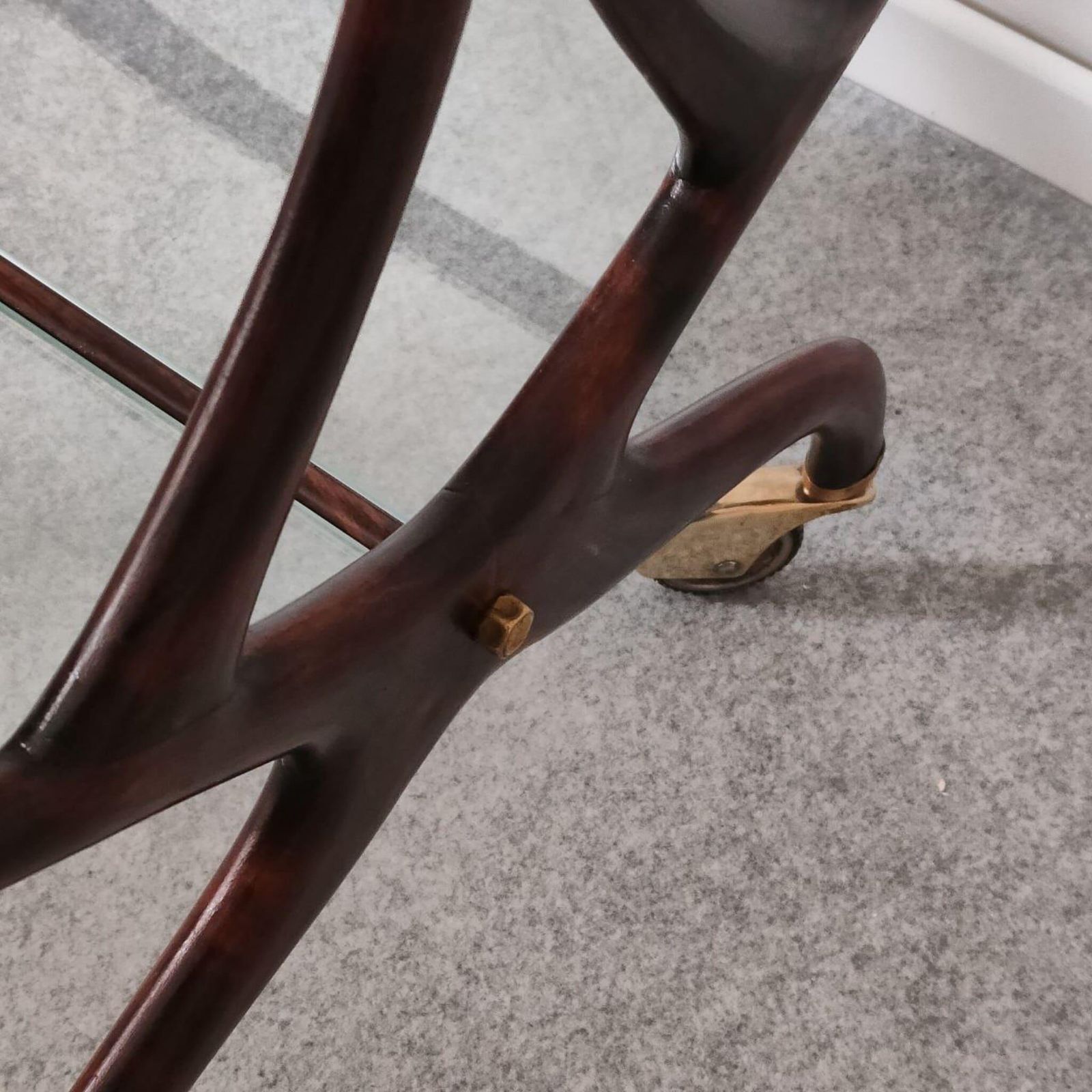 Mid Century Modern Wood Brass Bar Cart Megazine Rack By Cesare Lacca Italy 1950s photo for sale