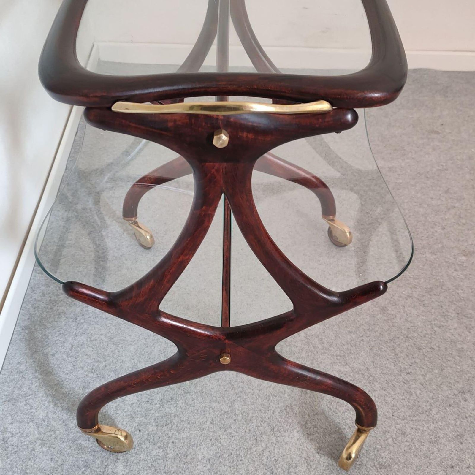 Mid Century Modern Wood Brass Bar Cart Megazine Rack By Cesare Lacca Italy 1950s photo vintage