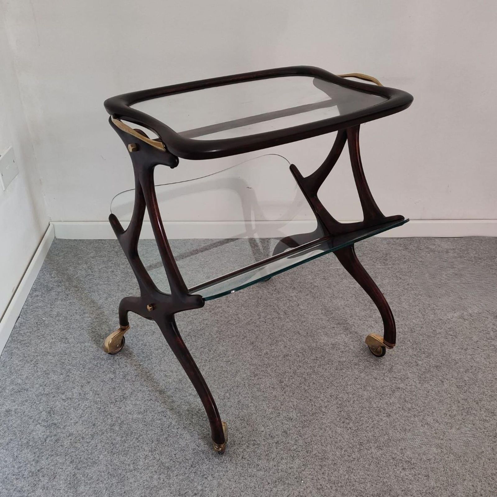 photo furniture Mid Century Modern Wood Brass Bar Cart Megazine Rack By Cesare Lacca Italy 1950s
