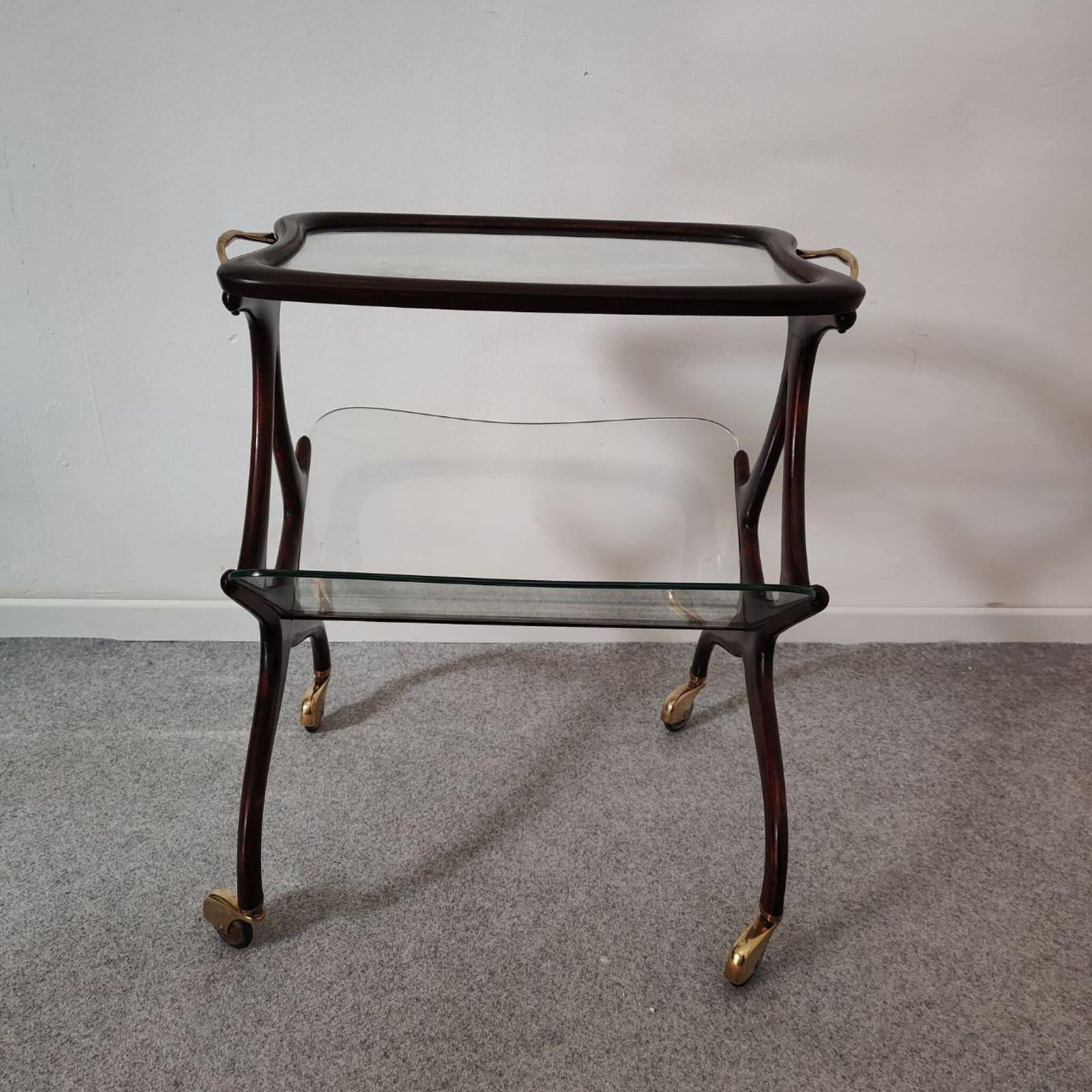 Home Decor Mid Century Modern Wood Brass Bar Cart Megazine Rack By Cesare Lacca Italy 1950s photo