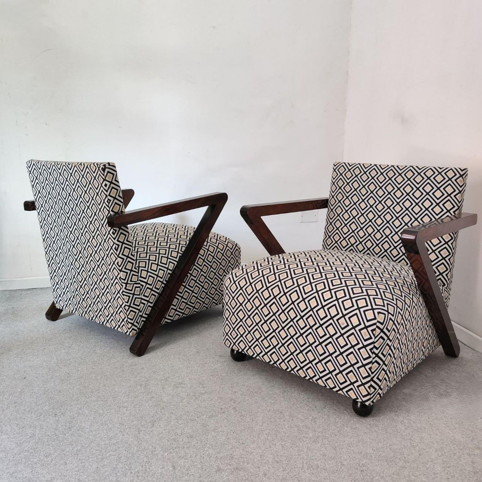 Pair Of Italian Art Deco Armchairs In Walnut And Geometric Fabric, 1930s photo furniture