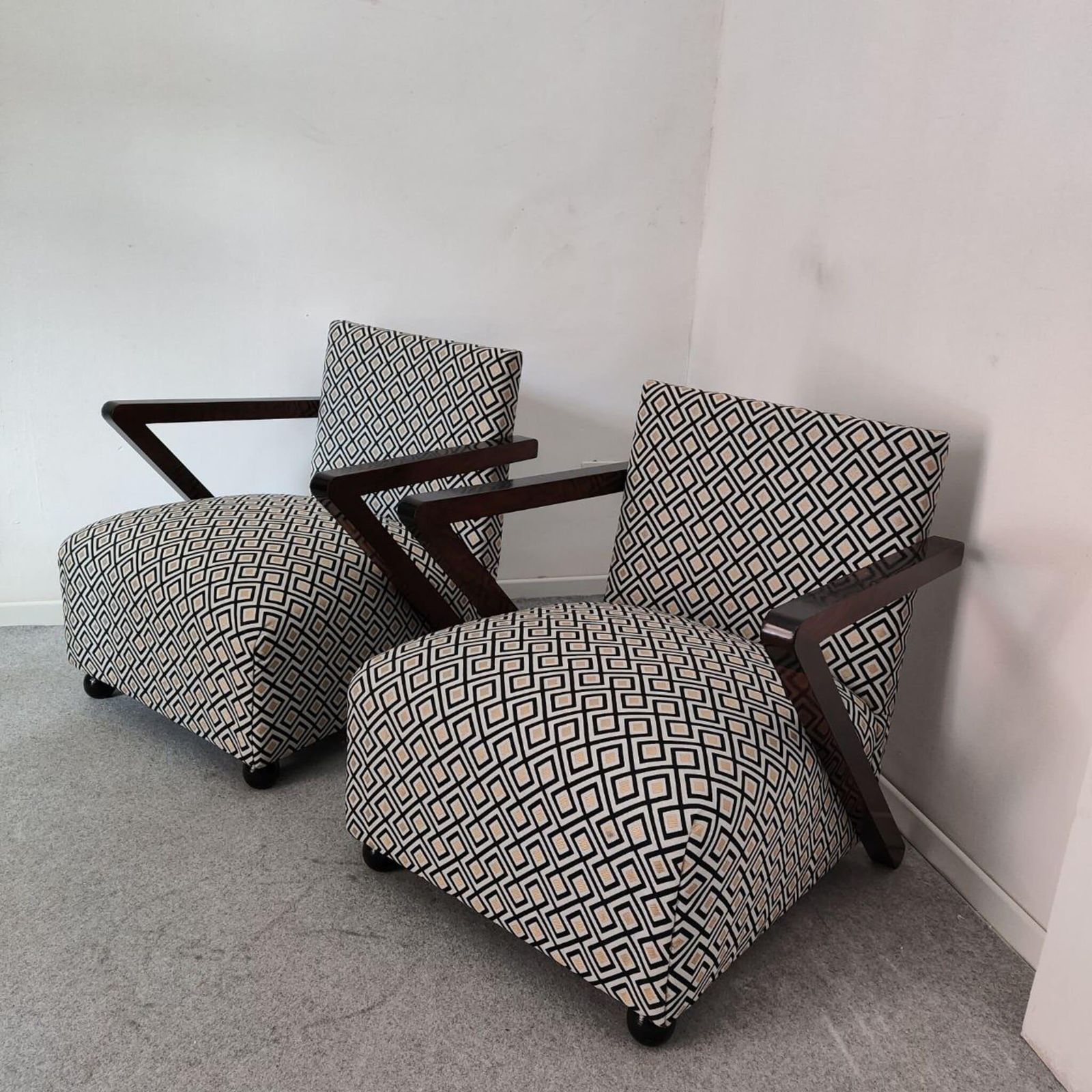 Pair Of Italian Art Deco Armchairs In Walnut And Geometric Fabric, 1930s photo for sale