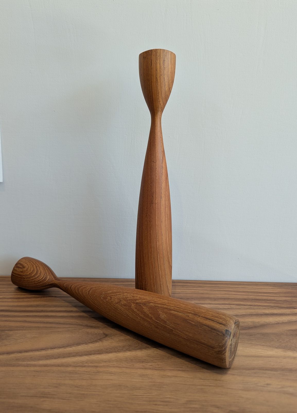 Pair Of Mid 20th Century Teak Tulip Shaped Candlesticks photo vinterior