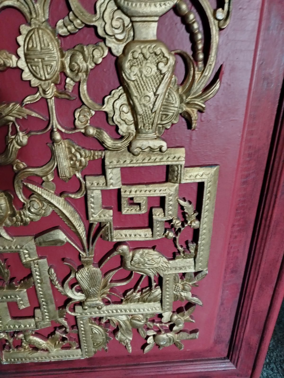 Large Lacquered Wood Chinese Plaque Decorated In Relief With Gilt Birds, Animals And Foliage photo for sale