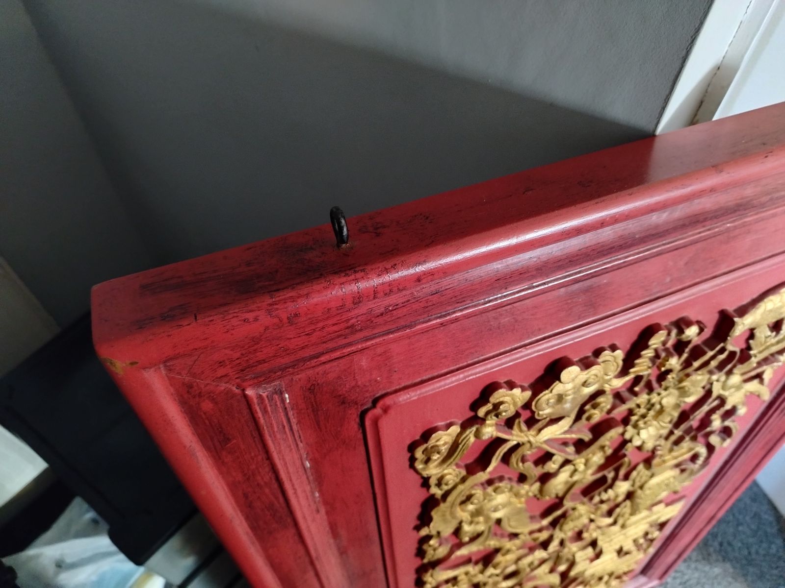 photo buy Large Lacquered Wood Chinese Plaque Decorated In Relief With Gilt Birds, Animals And Foliage