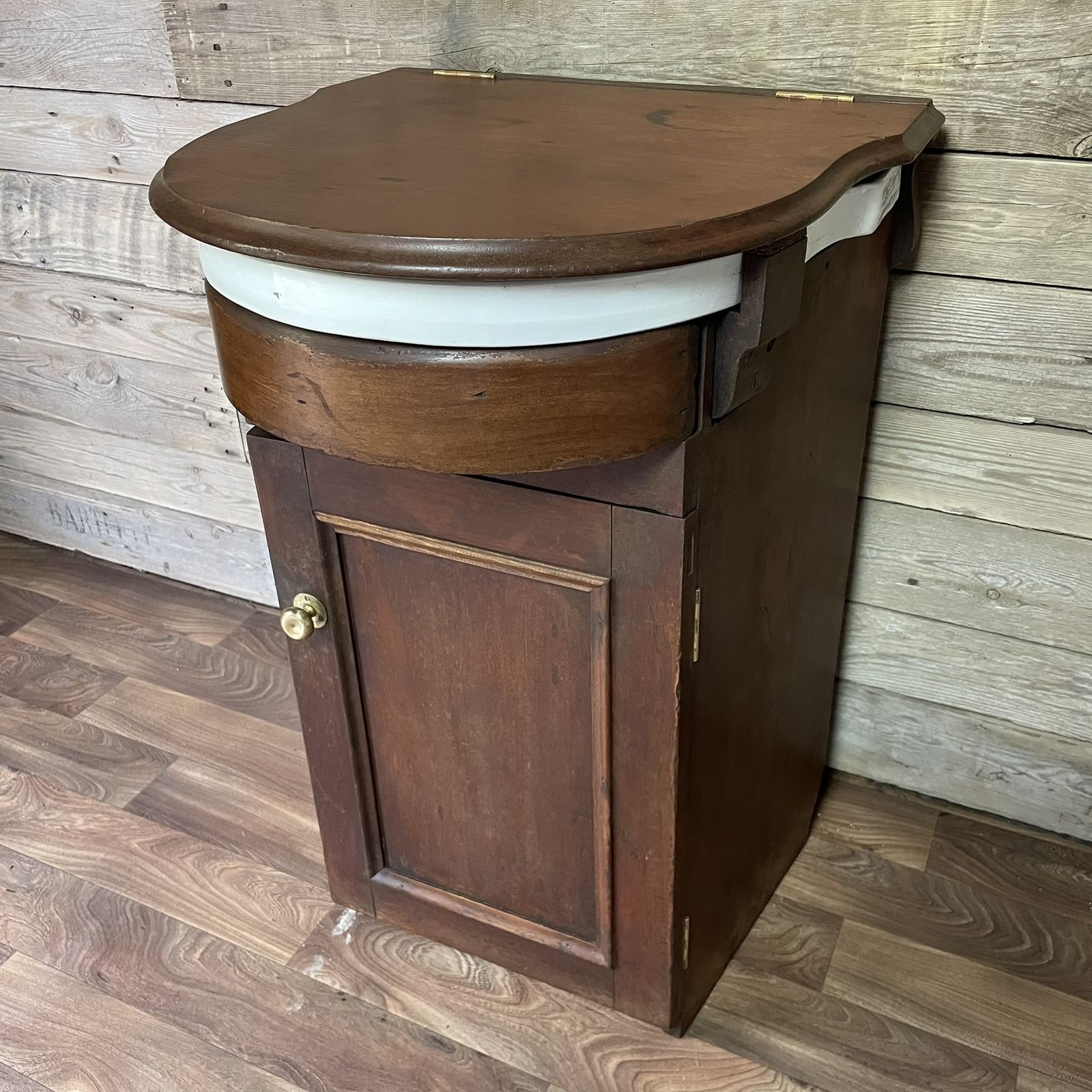 Antique Victorian Bow Fronted Mahogany Drop Flap Lid Ships Wash Stand Vanity Unit Basin