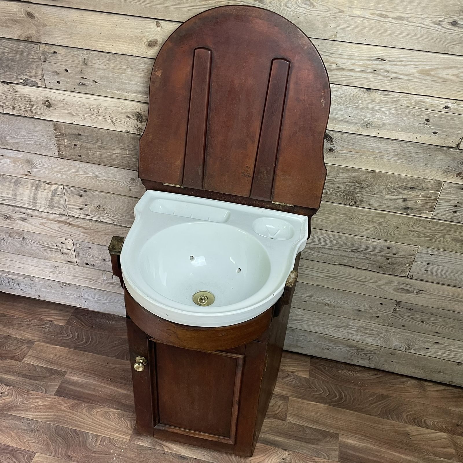 Antique Victorian Bow Fronted Mahogany Drop Flap Lid Ships Wash Stand Vanity Unit Basin photo buy