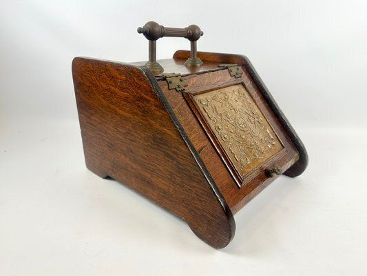 Antique Victorian Oak And Brass Coal Scuttle, 19th Century photo furniture