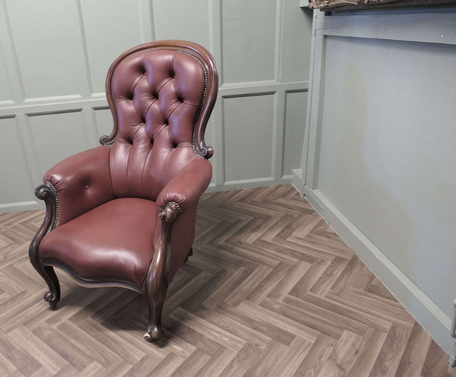 Large Button Back Salon Chair, In Burgundy Leather photo for sale