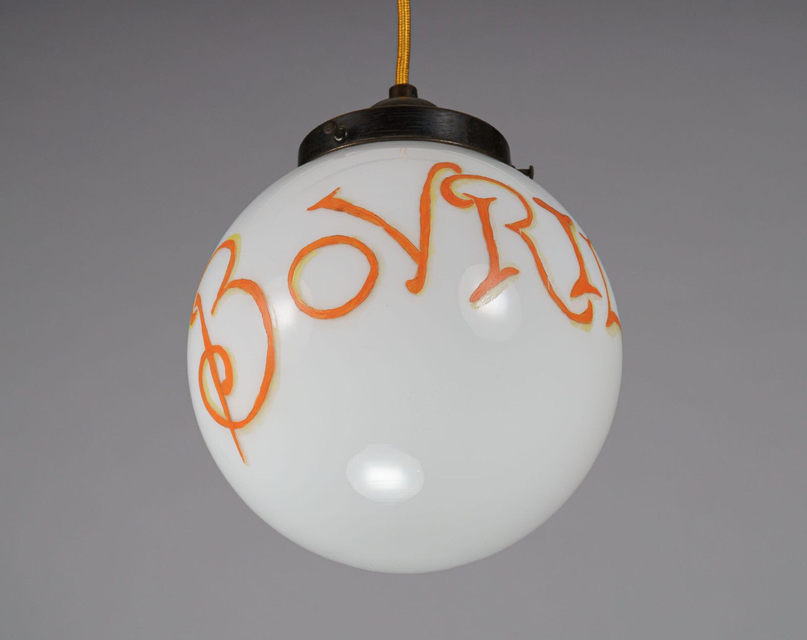 Vintage British Opaline Glass Globe Pendant Lamp With Hand Painted ‘Bovril’ Advertisement photo Lighting