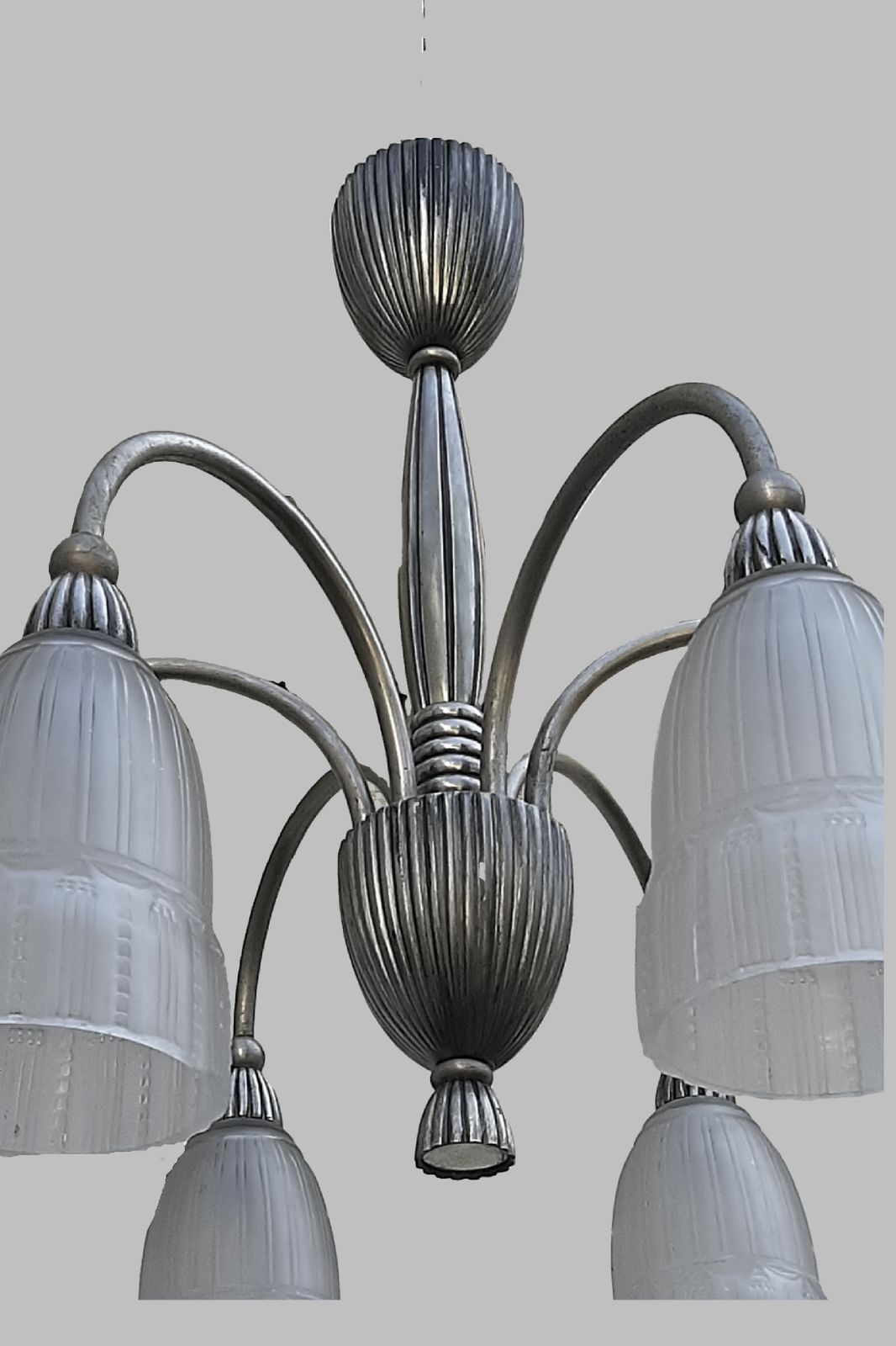 Art Deco Chandelier Elegant Early 1930s French Design Ok For Low Ceiling, Stylish Clear And Frosted Glass Shades, Nickel Plated Bronze Fixture France photo furniture
