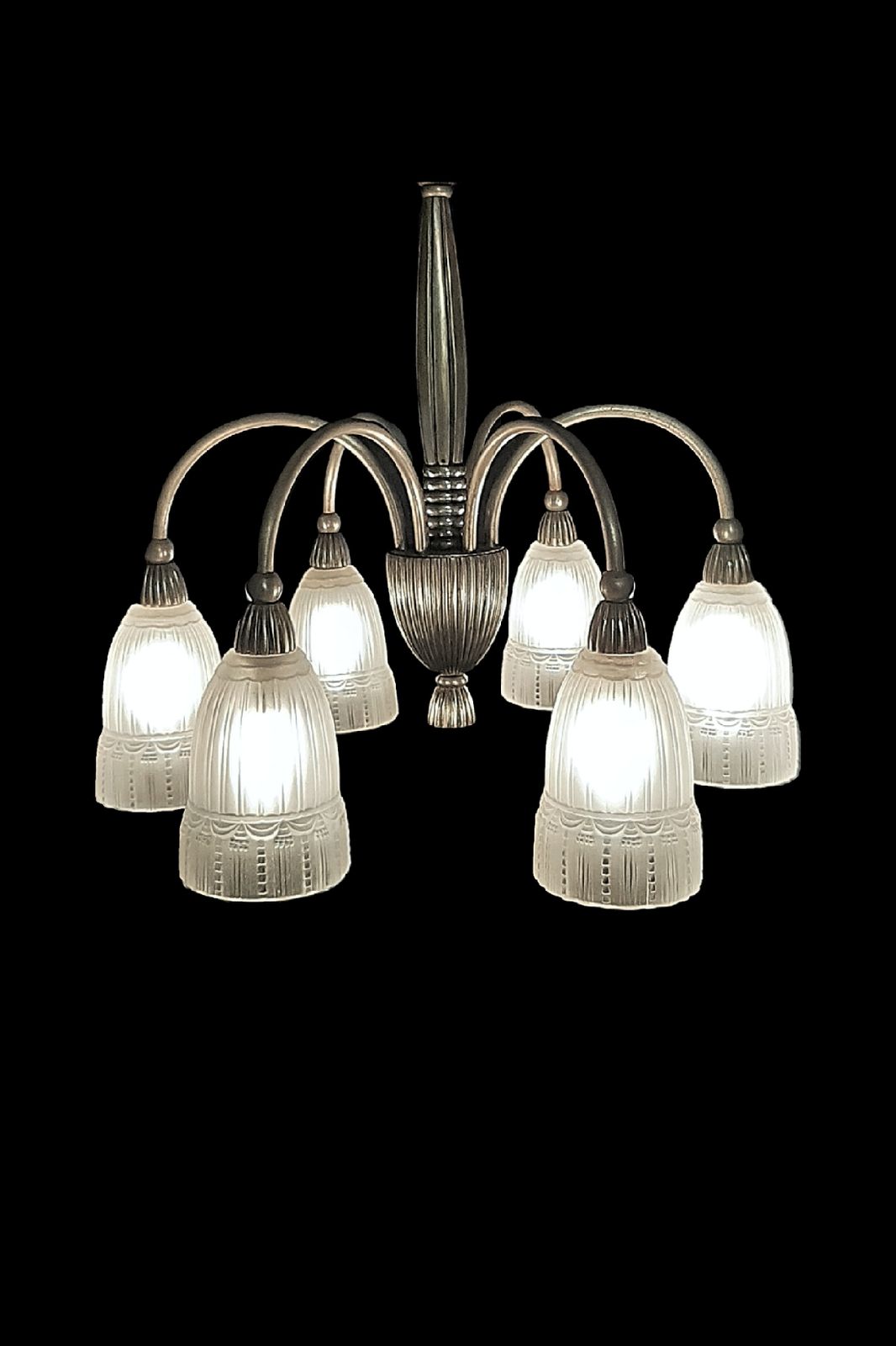 Art Deco Chandelier Elegant Early 1930s French Design Ok For Low Ceiling, Stylish Clear And Frosted Glass Shades, Nickel Plated Bronze Fixture France photo vinterior