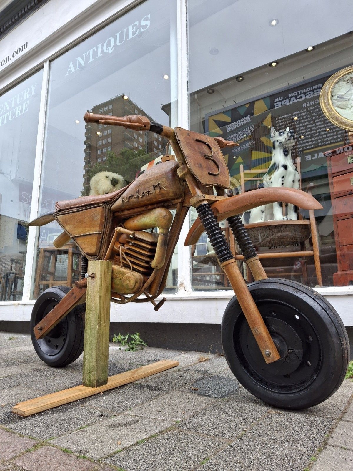 Vintage Full Size Scratch Built One Off Wooden Motocross Bike. photo furniture