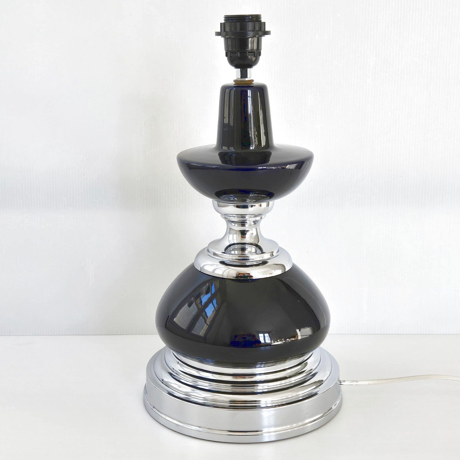Vintage 1970s Dark Blue Ceramic & Chrome Steel Table Lamp 70s Retro