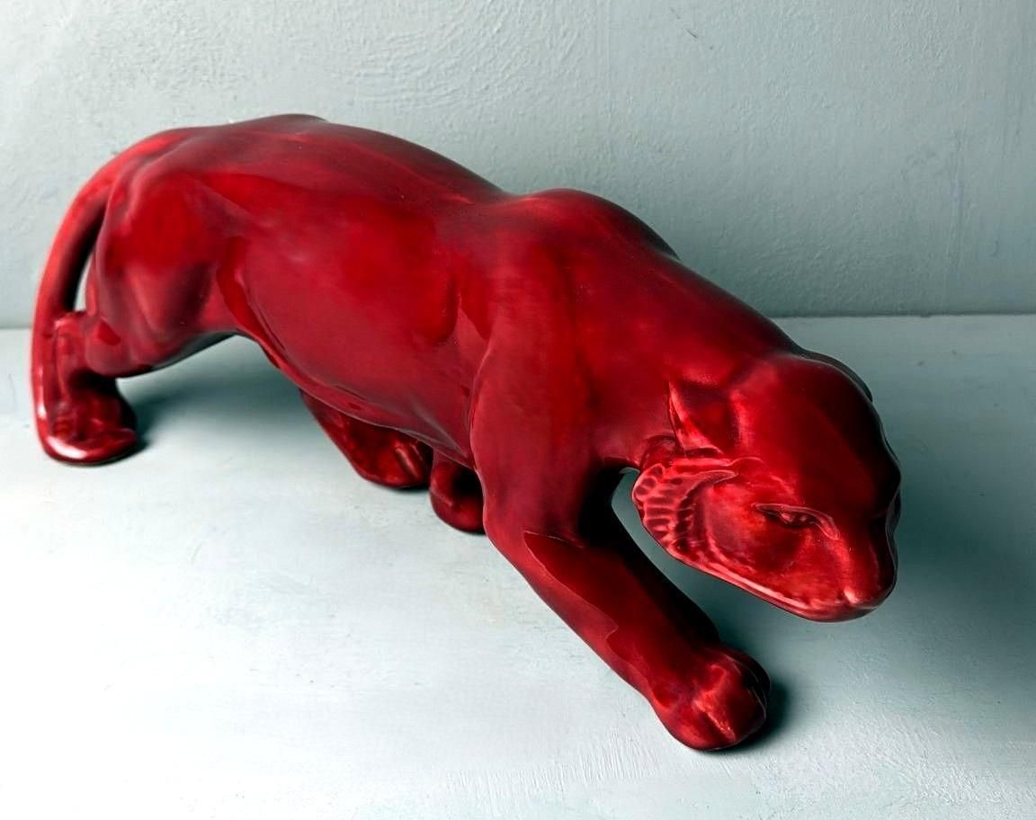 Art Deco Saint Clément Style French Panther In Antique Glazed Red Ceramic photo for sale