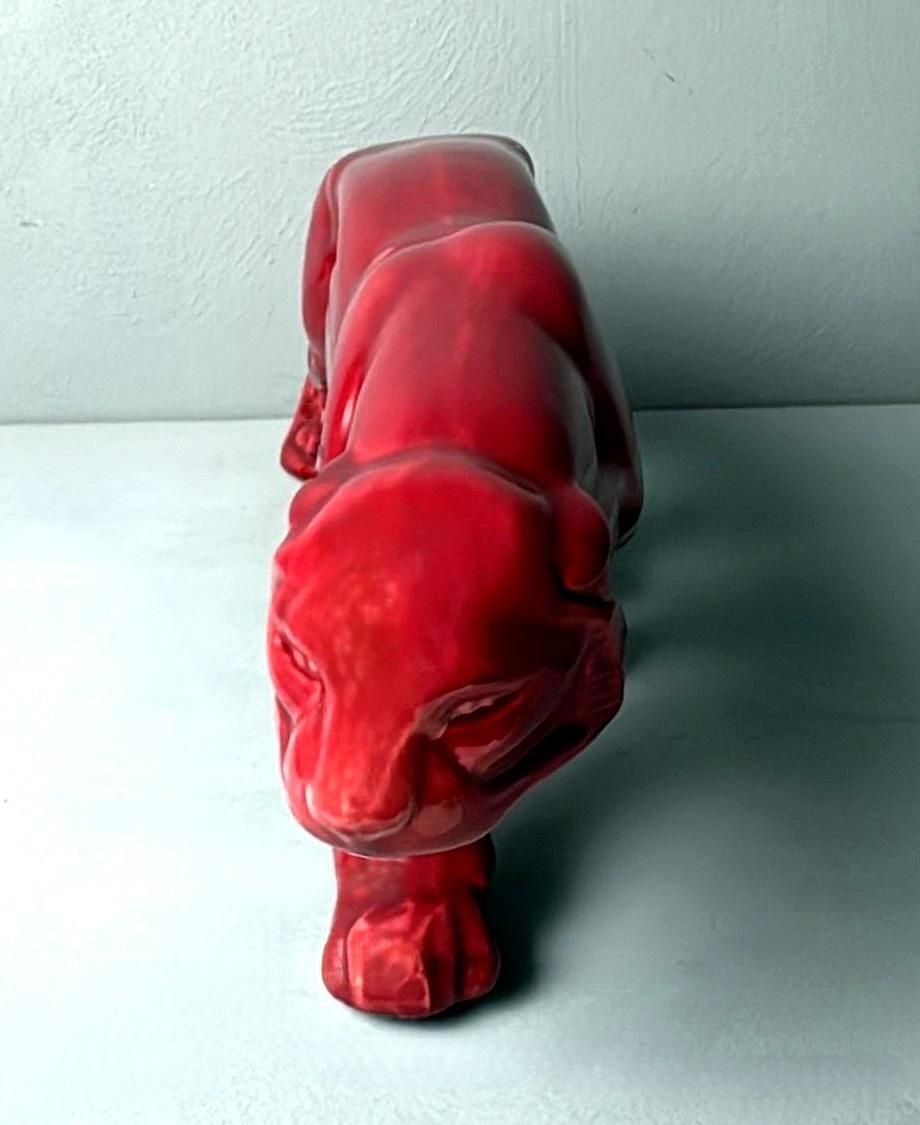 Art Deco Saint Clément Style French Panther In Antique Glazed Red Ceramic photo vintage