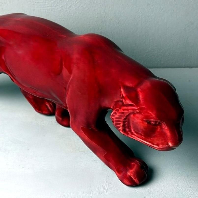 Art Art Deco Saint Clément Style French Panther In Antique Glazed Red Ceramic photo