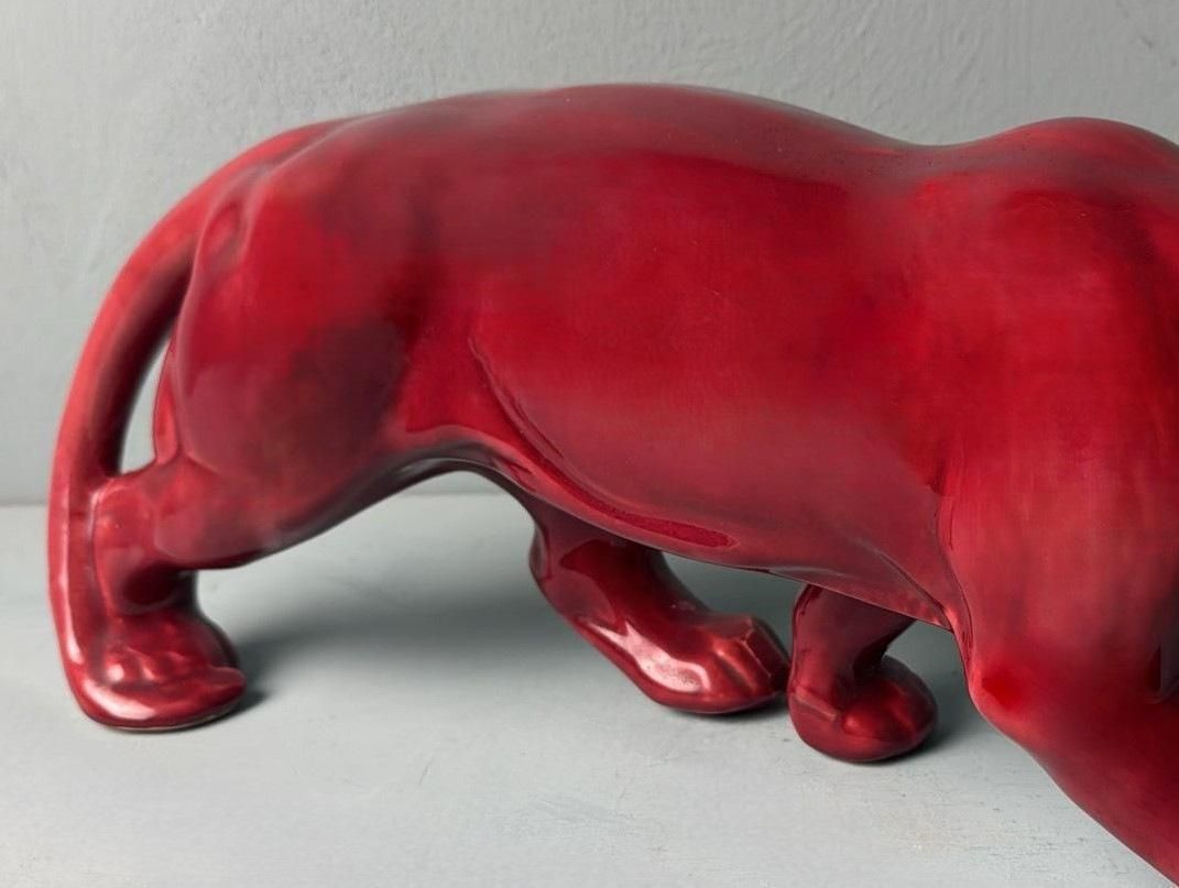 photo buy Art Deco Saint Clément Style French Panther In Antique Glazed Red Ceramic