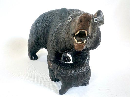 Japanes Bear With Cub Wooden Carved Ainu Figurine, 1900s photo vinterior