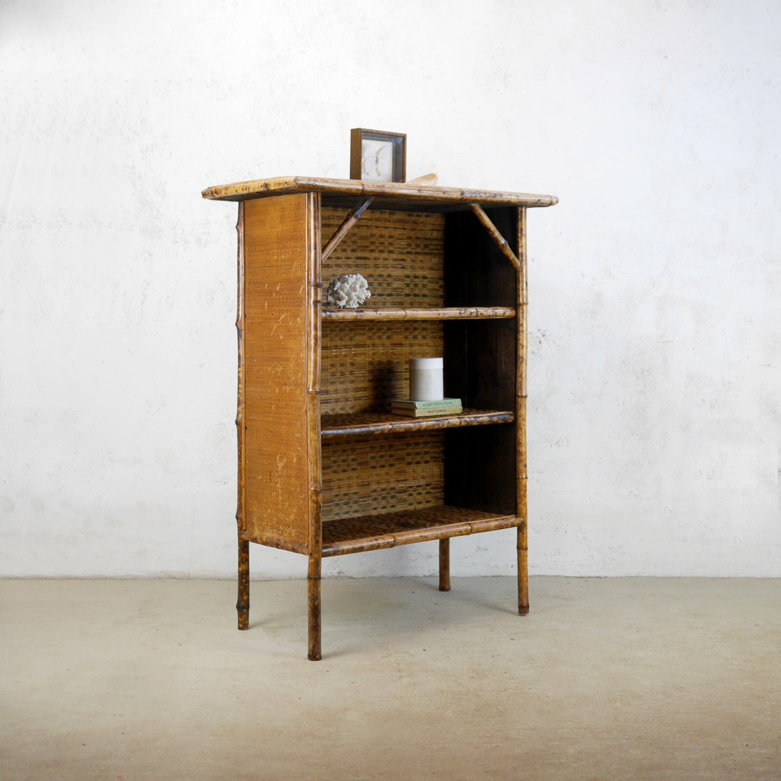 Antique Victorian Tiger Bamboo Cane Rattan Shelving Unit Bookcase #102863 photo furniture