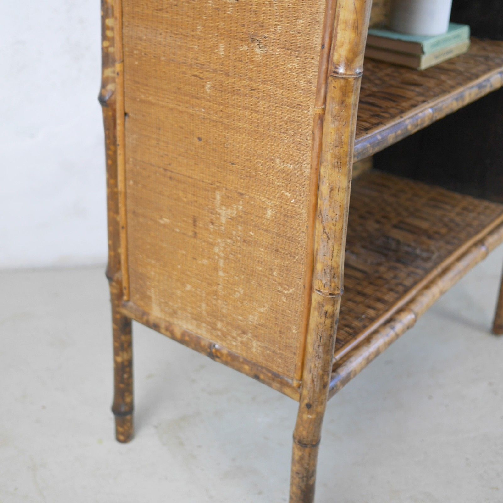 390.0 Antique Victorian Tiger Bamboo Cane Rattan Shelving Unit Bookcase #102863 photo