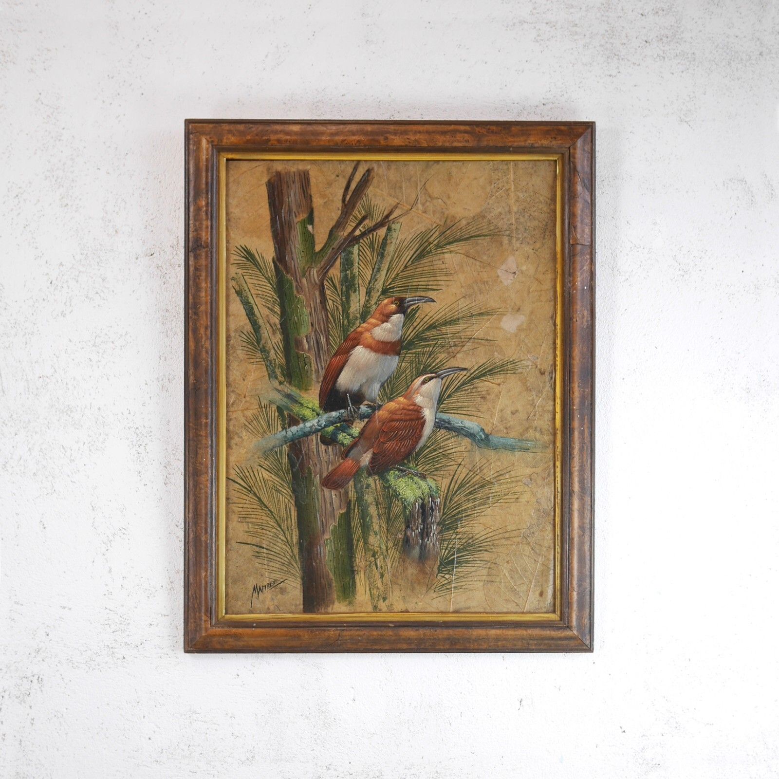Mid Century Vintage Century Painting  Birds Leaf Background Signed #102869 photo vinterior
