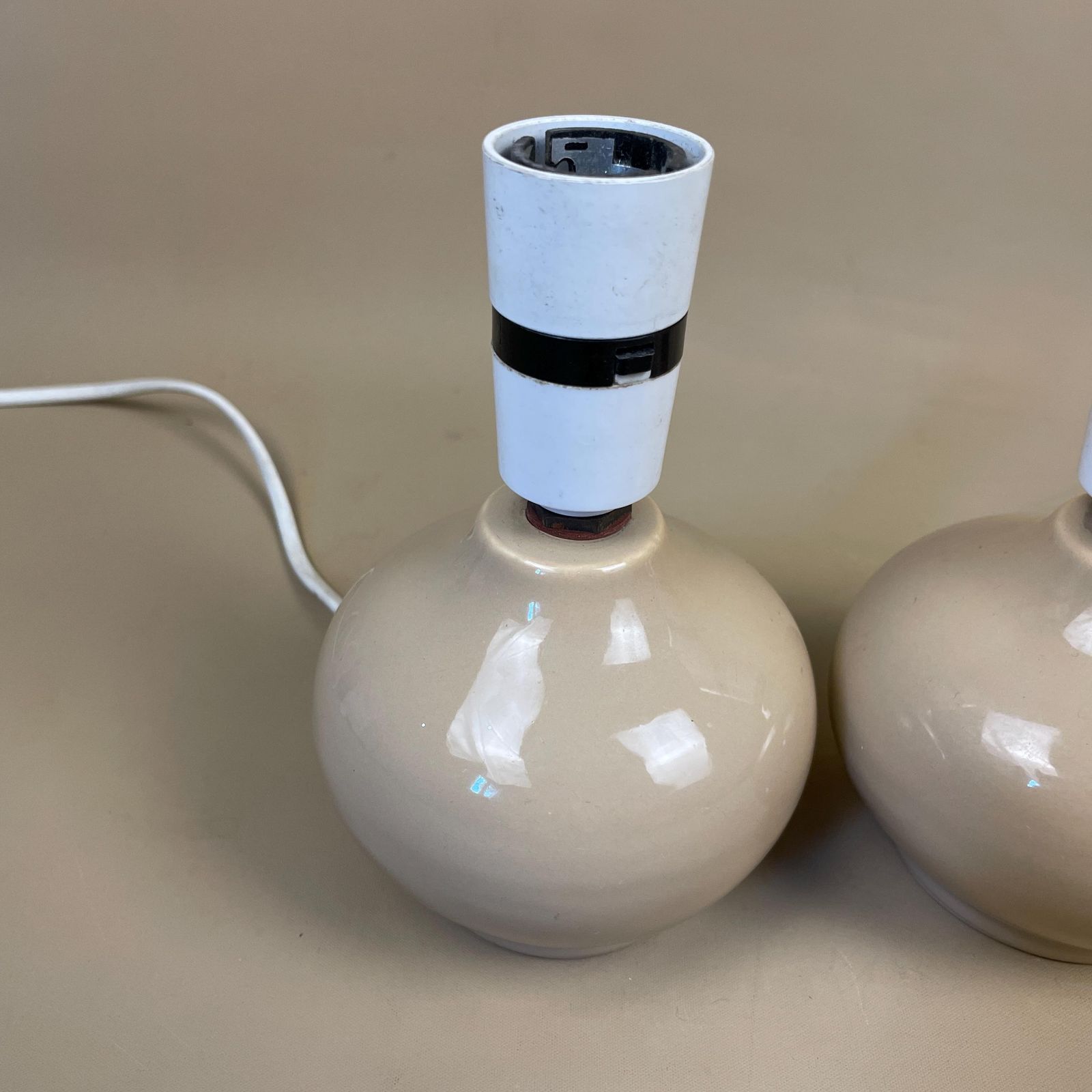 Matching Pair Of 2 Vintage Ceramic Small Taupe Beige Round Ball Lamp Gold Bedside Table Light Vase Antique Cottage Pottery photo Lighting