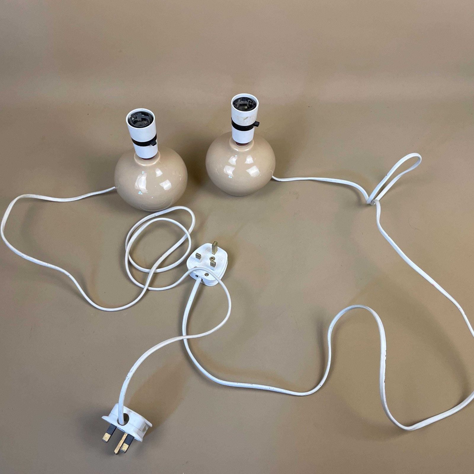 photo for sale Matching Pair Of 2 Vintage Ceramic Small Taupe Beige Round Ball Lamp Gold Bedside Table Light Vase Antique Cottage Pottery
