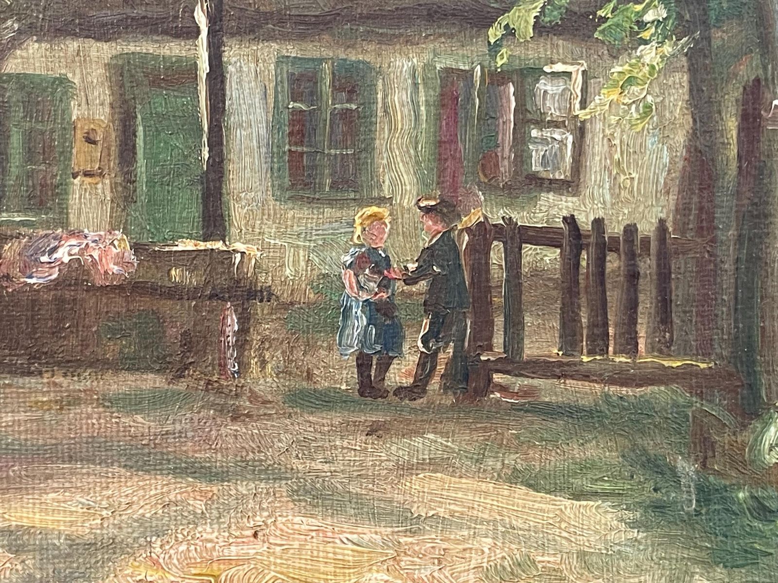 Danish Antique Early 20th Century Signed Oil On Canvas Painting With Motive Of Children Playing At A Farm In Valby, Copenhagen photo for sale