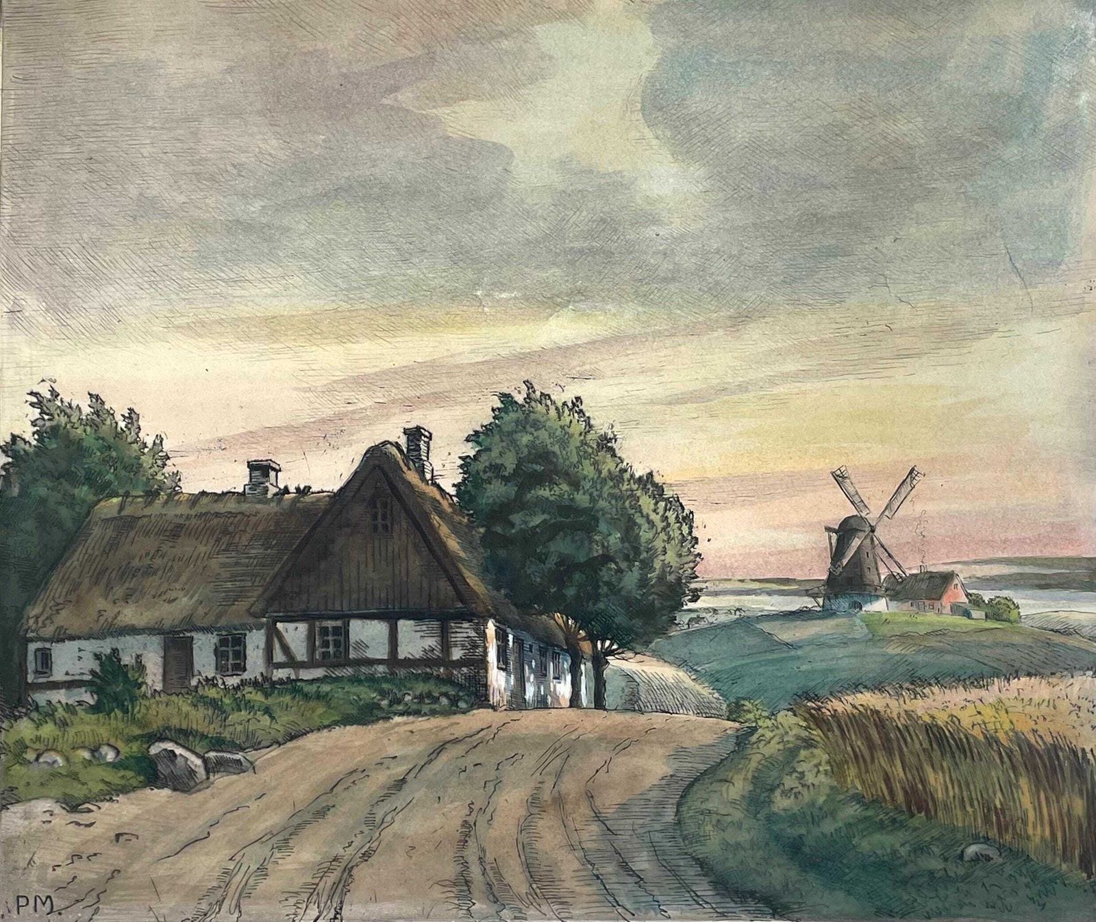 Deens Handgekleurde Ets Uit Het Begin Van De 20e Eeuw, Ca. Jaren 1930, Door Peder Møller (1890–1961) – Motief Van Boerderij En Molen photo furniture