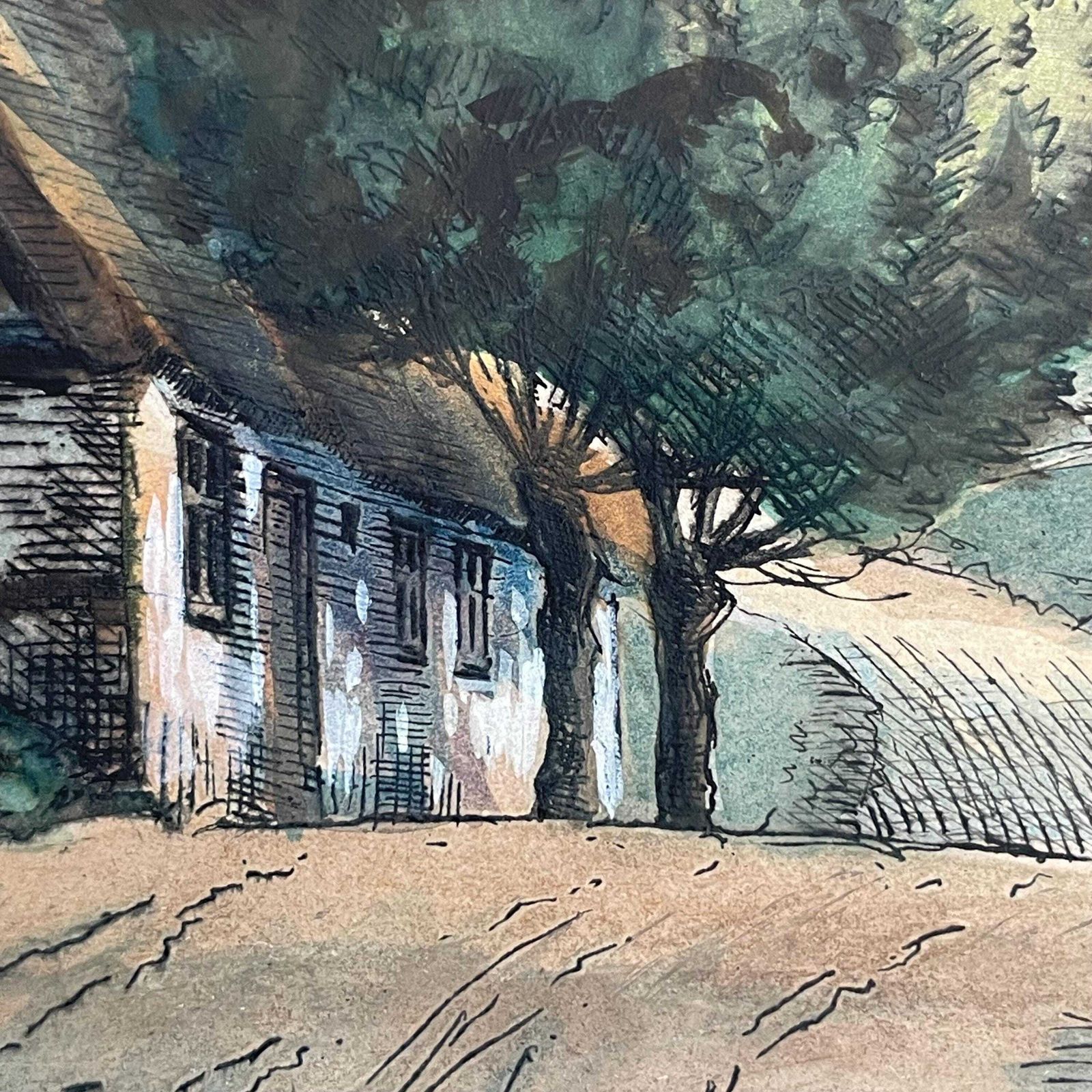 photo for sale Deens Handgekleurde Ets Uit Het Begin Van De 20e Eeuw, Ca. Jaren 1930, Door Peder Møller (1890–1961) – Motief Van Boerderij En Molen