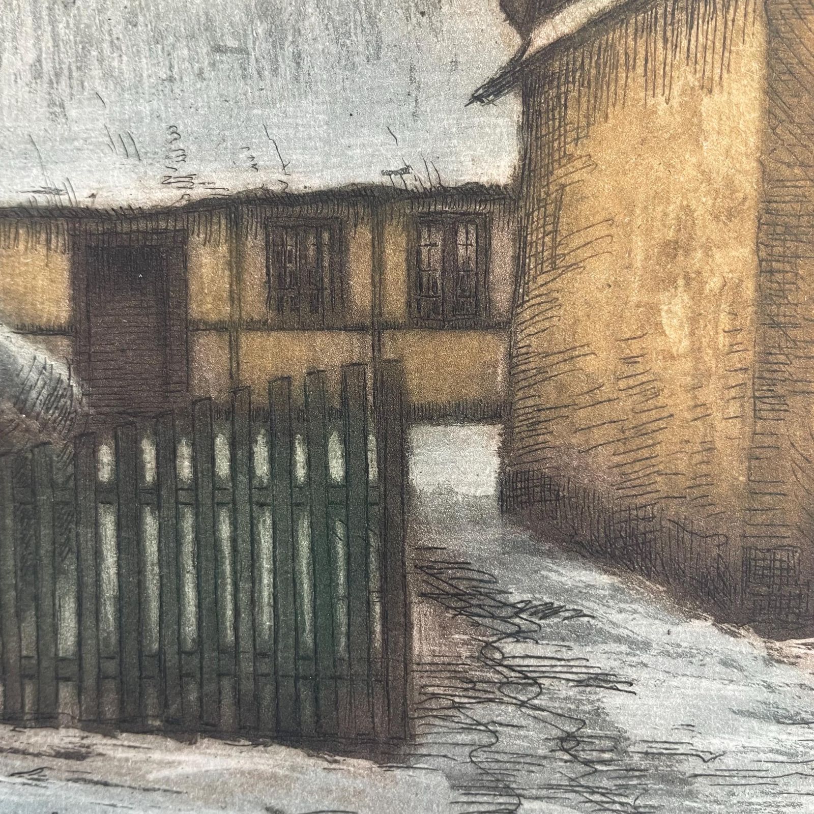 Early 20th Century Danish Handcoloured Etching From The 1930s By Peder Møller (1890 1961) With Landscape Motive Of Mill And Farm photo vintage