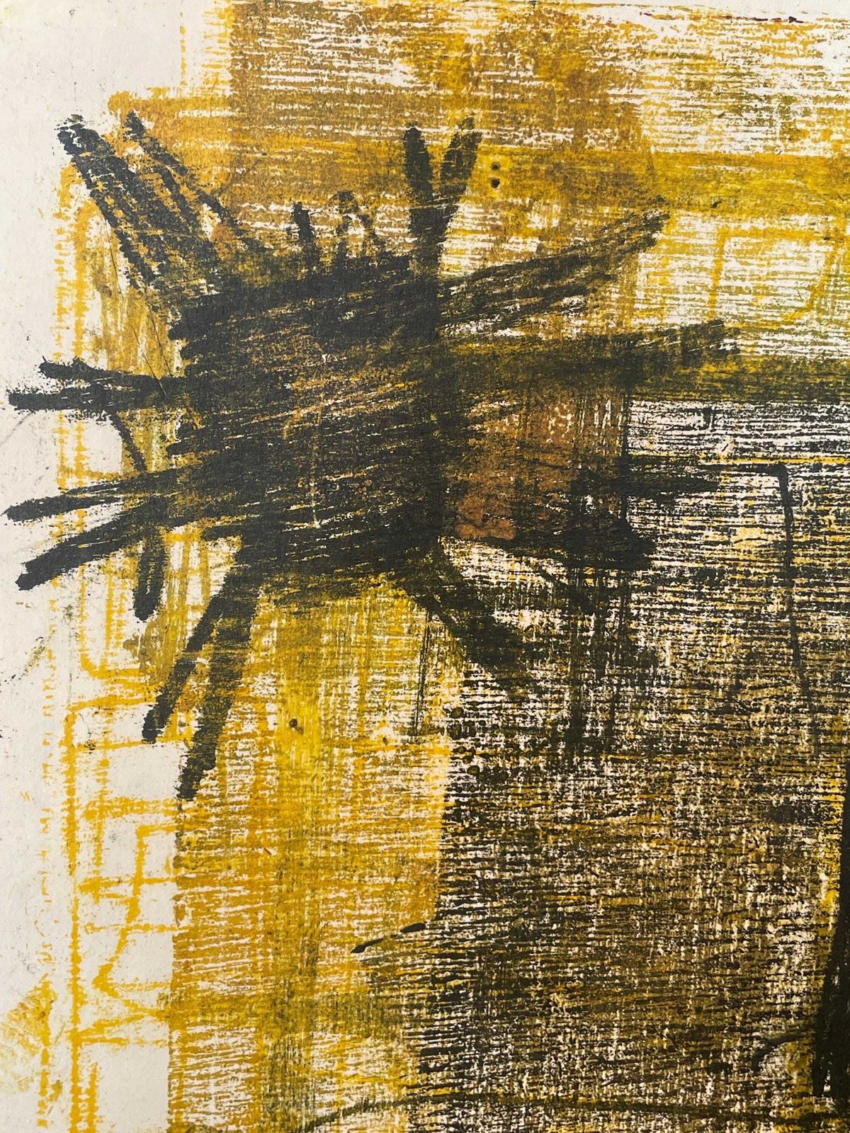 Vintage gesigneerde postmoderne print met oliepastelkrijttekening uit Denemarken, in uitgesproken geel en zwart met abstracte stijl photo buy