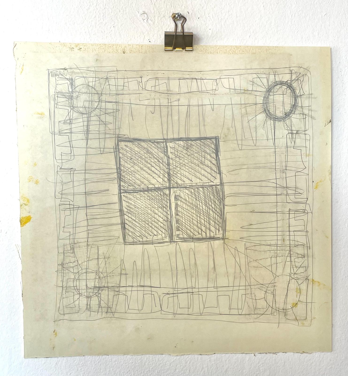Vintage gesigneerde postmoderne print met oliepastelkrijttekening uit Denemarken, in uitgesproken geel en zwart met abstracte stijl photo vintage