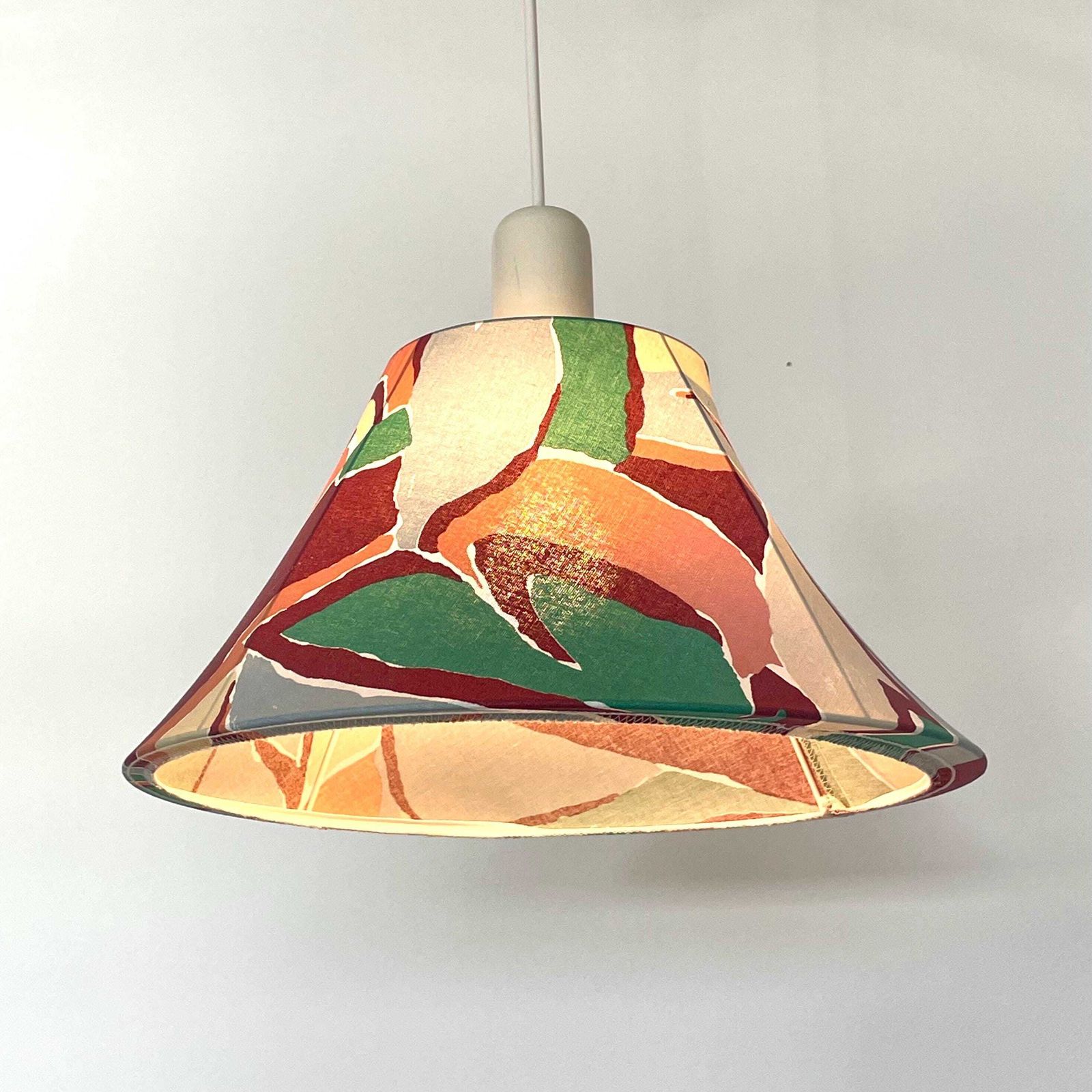 Cool Danish Vintage Mid Century Ceiling Lamp From The 1970s With Colourful Fabric Shade And White Wooden Top photo furniture