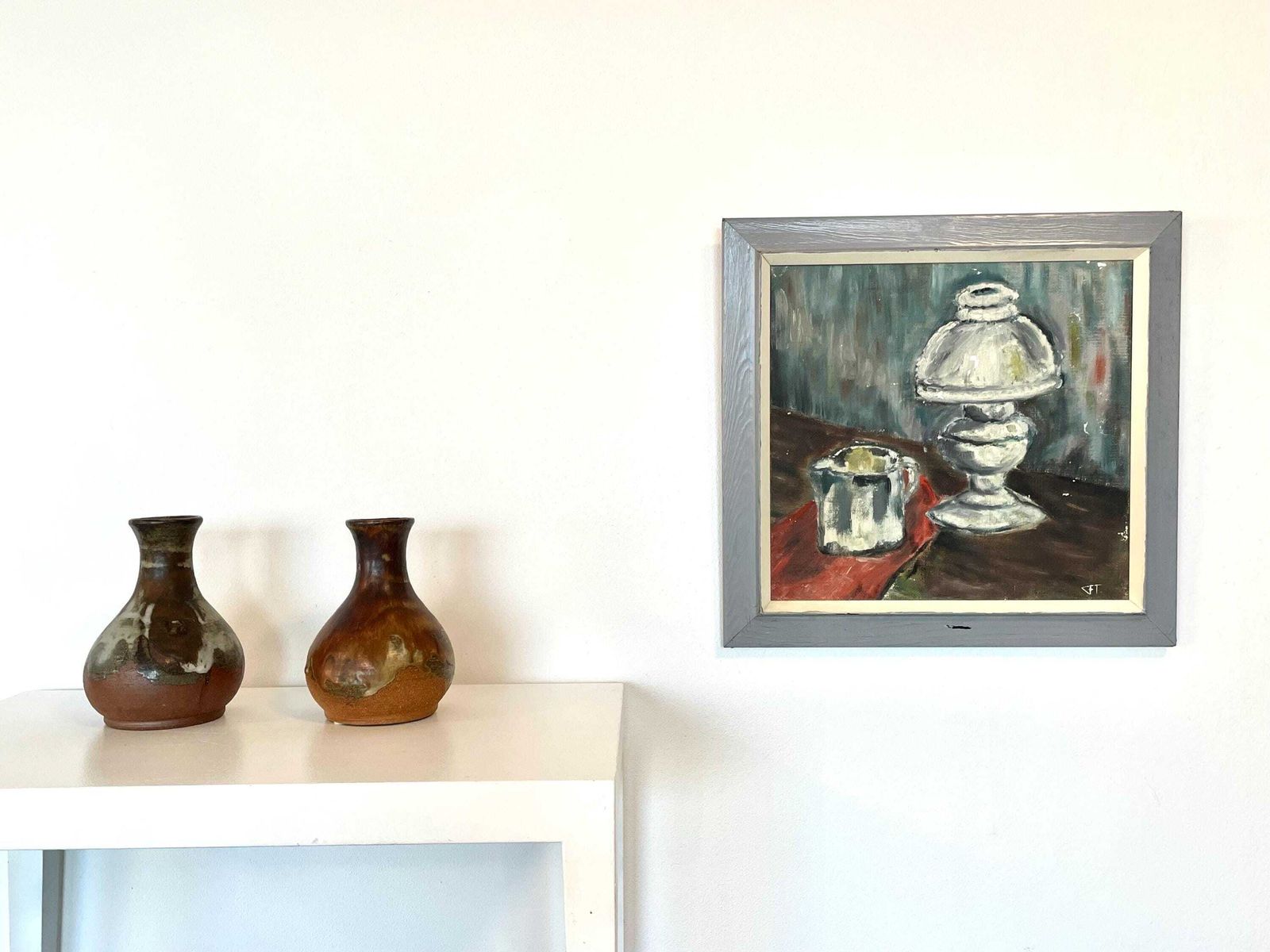 Original Vintage Danish Expressionist Signed Oil Painting From The 1960s With Still Life Motive Of Oil Lamp And Pitcher photo furniture