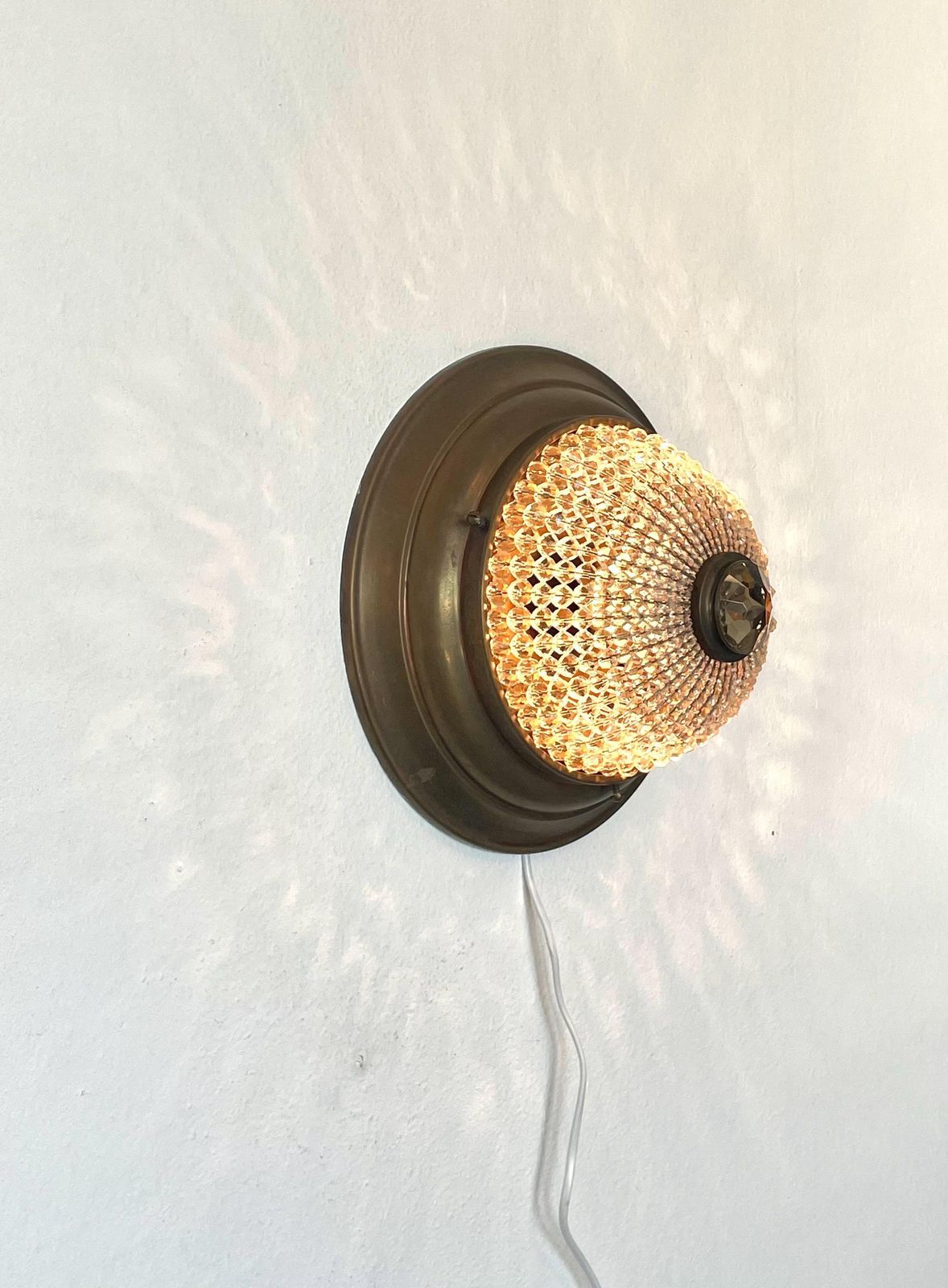 Exclusive Antique Art Deco Crystal Cut Glass Bead And Patinated Brass Flush Mount Ceiling Or Wall Light In Elegant Design And Beautiful Glow photo for sale