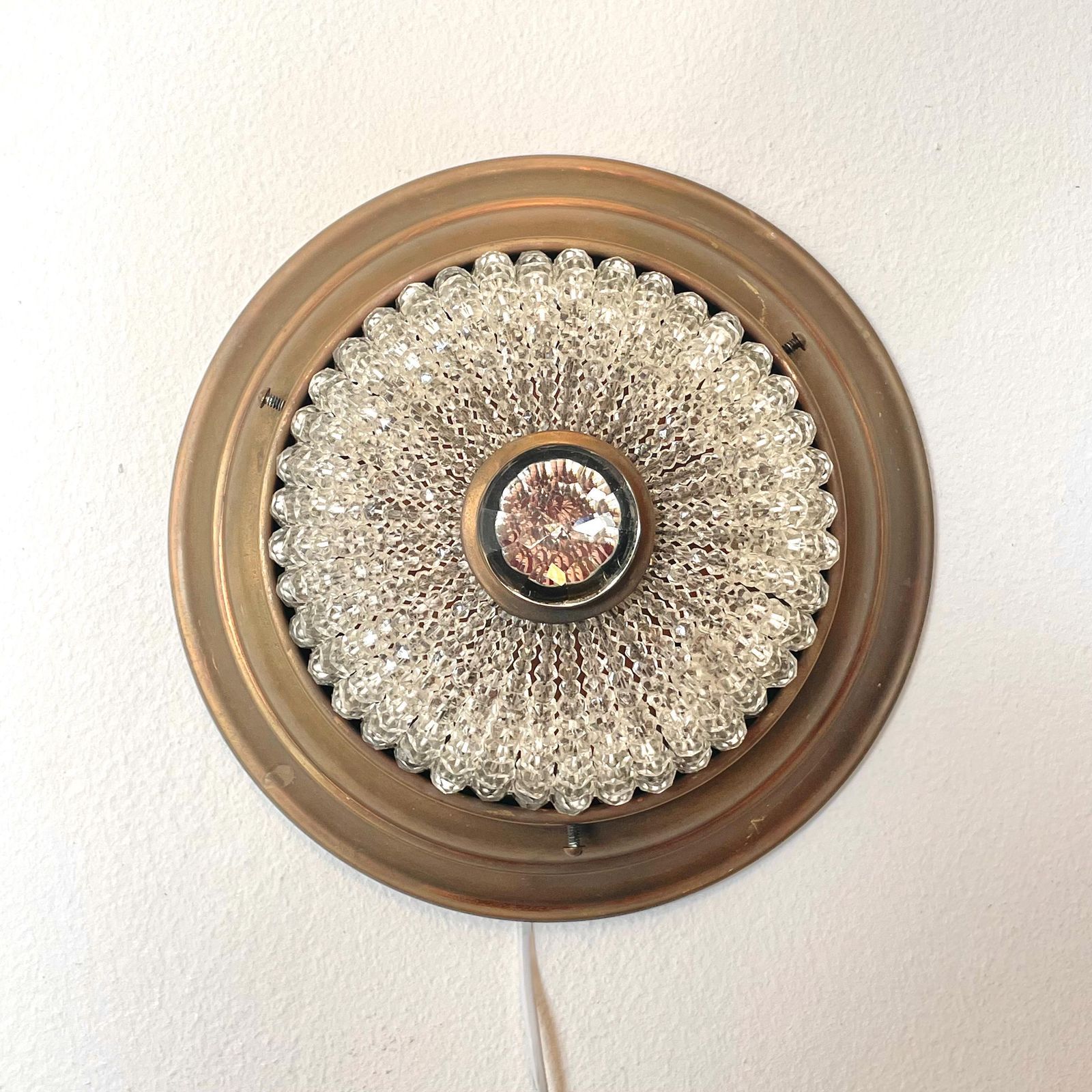 Exclusive Antique Art Deco Crystal Cut Glass Bead And Patinated Brass Flush Mount Ceiling Or Wall Light In Elegant Design And Beautiful Glow photo vintage