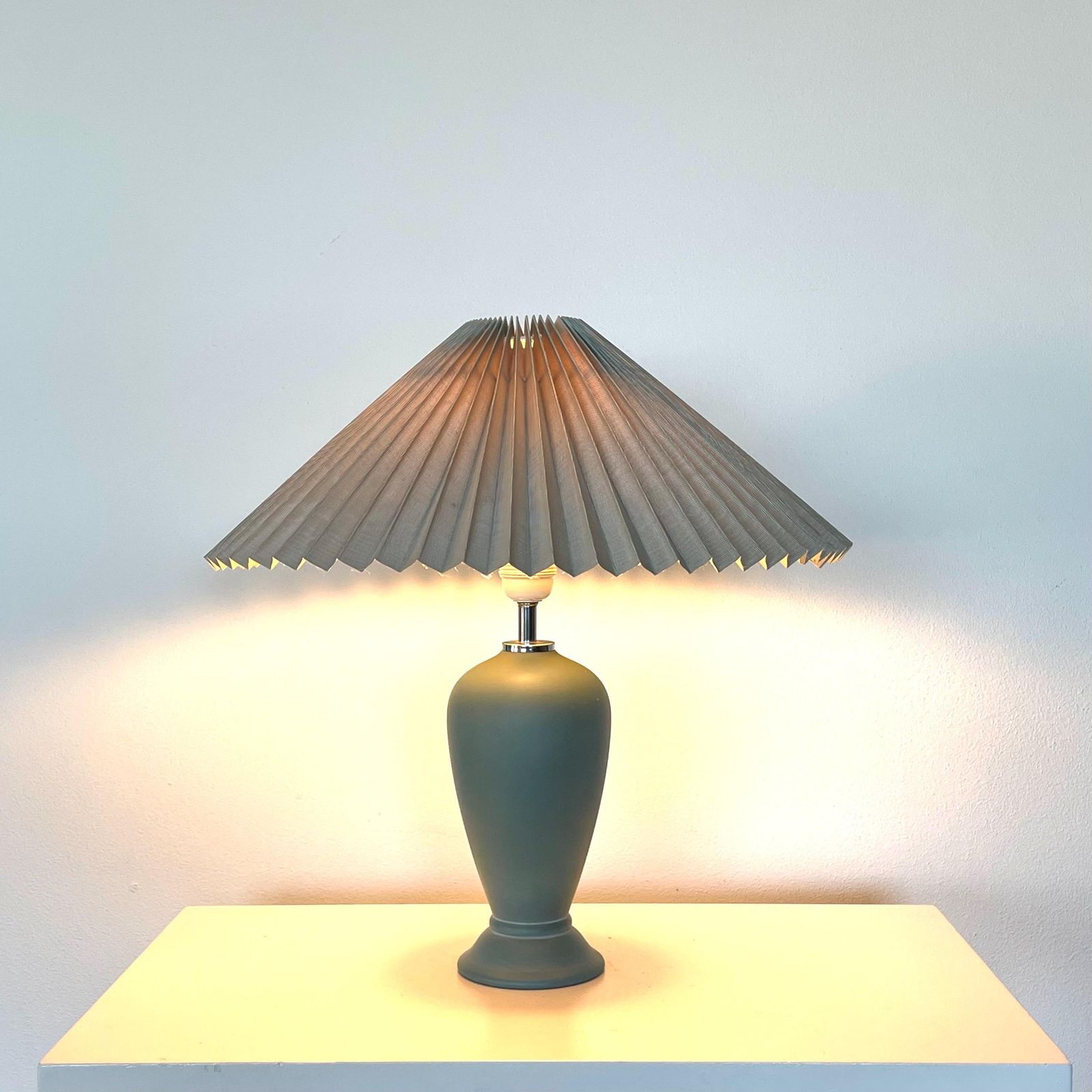 Vintage 1980s Danish Ceramic Table Lamp In Pale Turquoise With Turquoise Pleated Shade   Design From Odreco Denmark