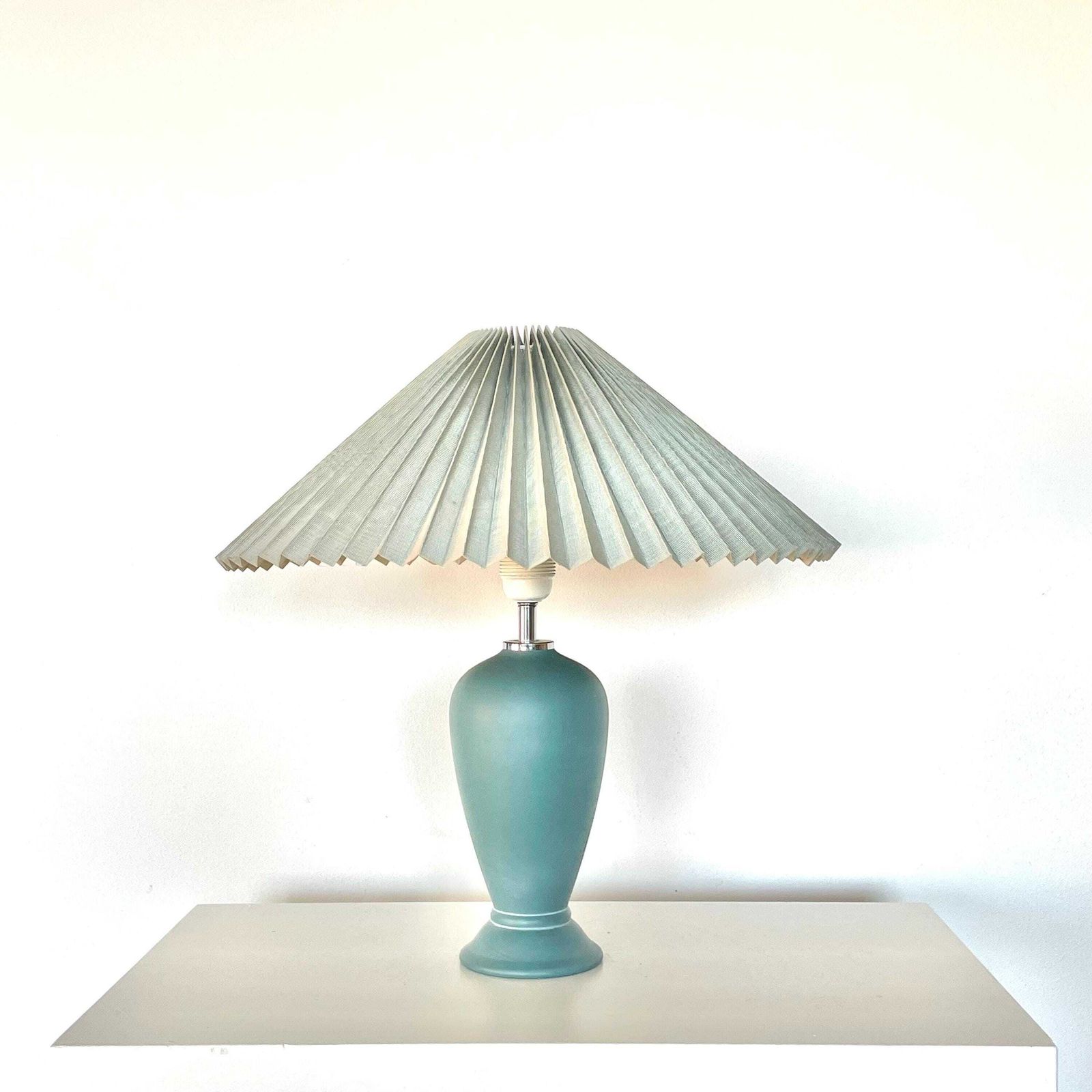 Vintage 1980s Danish Ceramic Table Lamp In Pale Turquoise With Turquoise Pleated Shade   Design From Odreco Denmark photo furniture
