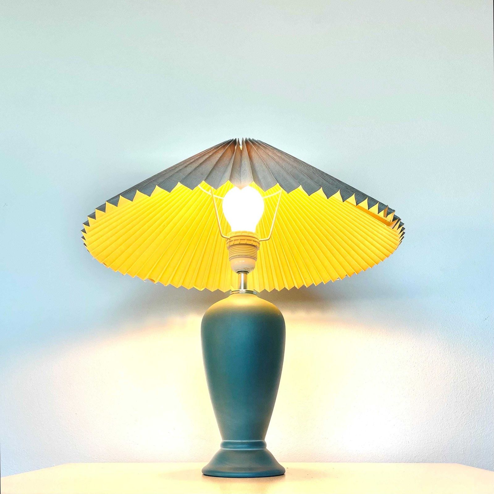 Vintage 1980s Danish Ceramic Table Lamp In Pale Turquoise With Turquoise Pleated Shade   Design From Odreco Denmark photo Lighting