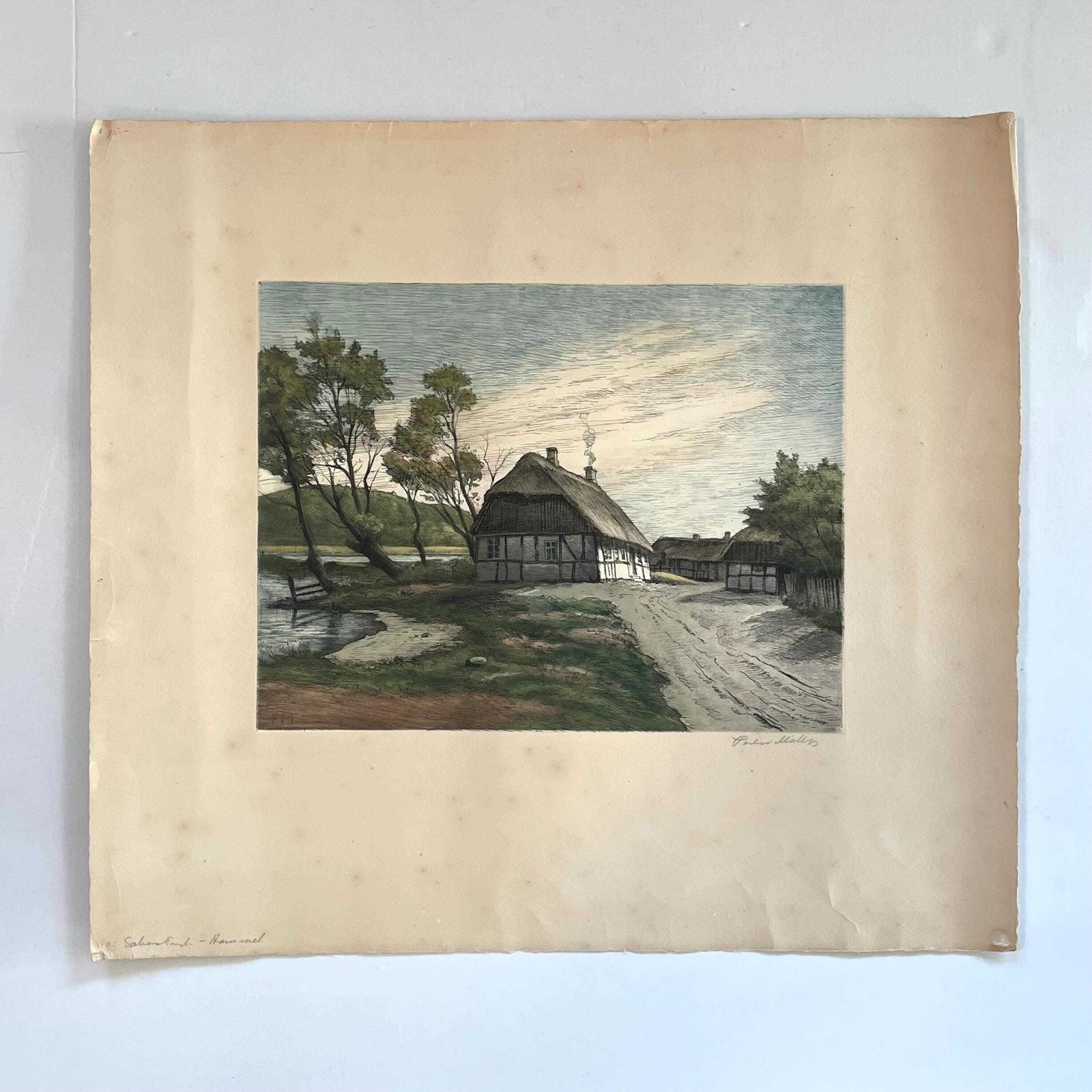 Early 20th Century Danish Handcoloured Etching From The 1930s By Peder Møller (1890 1961) With Motive Of Small Farm photo for sale