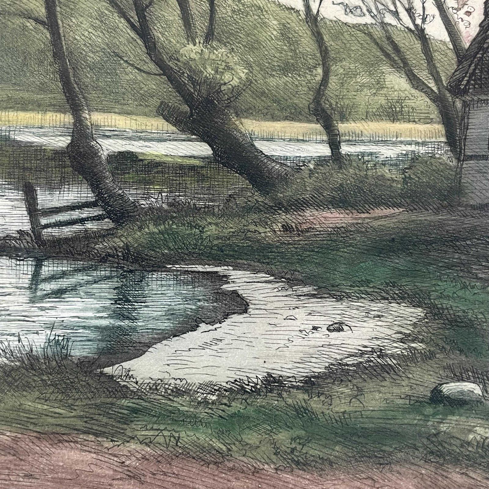 Early 20th Century Danish Handcoloured Etching From The 1930s By Peder Møller (1890 1961) With Motive Of Small Farm photo vinterior