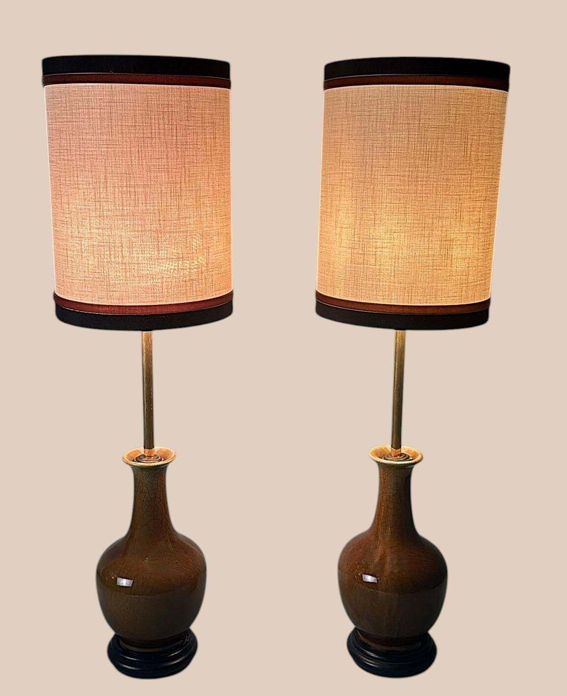 Pair Of Chinese Crackle Glazed Porcelain Lamps With Wooden Base And Lampshades photo Lighting