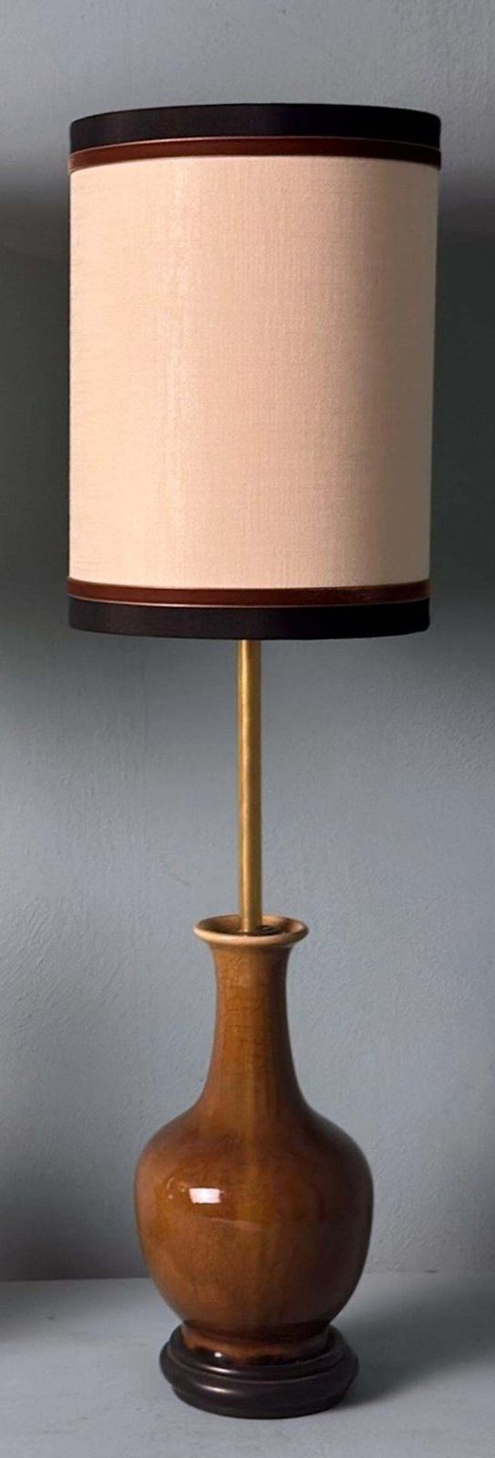 Pair Of Chinese Crackle Glazed Porcelain Lamps With Wooden Base And Lampshades photo buy