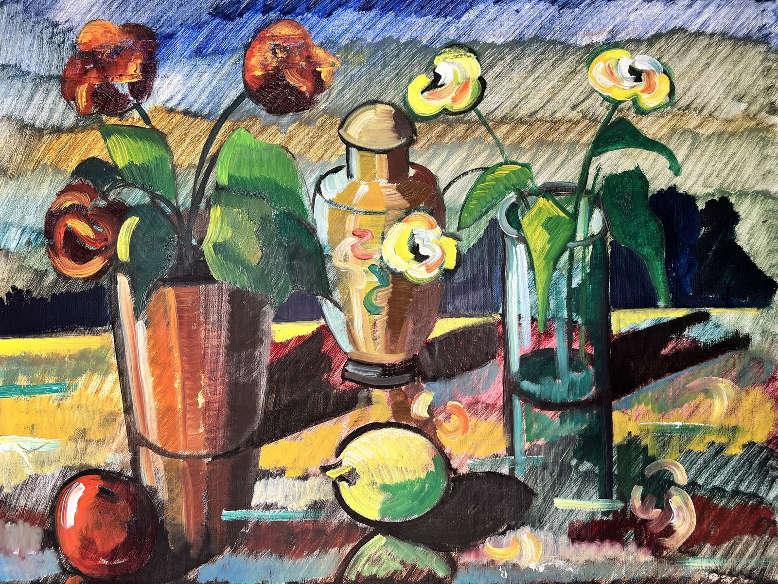 Still Life With Potted Plant, Large Oil On Canvas Painting photo Art