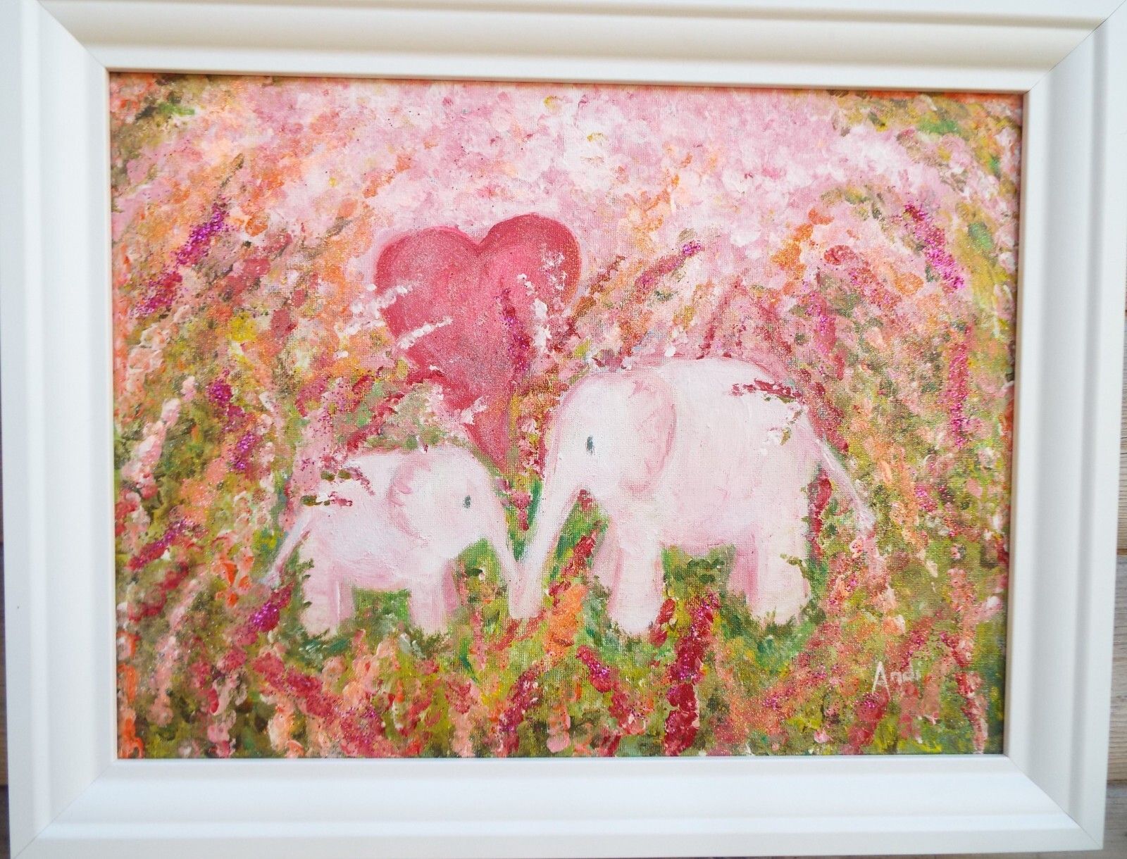 Cute Mother & Baby Elephants Whimsical Art Original Framed Painting Andi J Lucas photo furniture