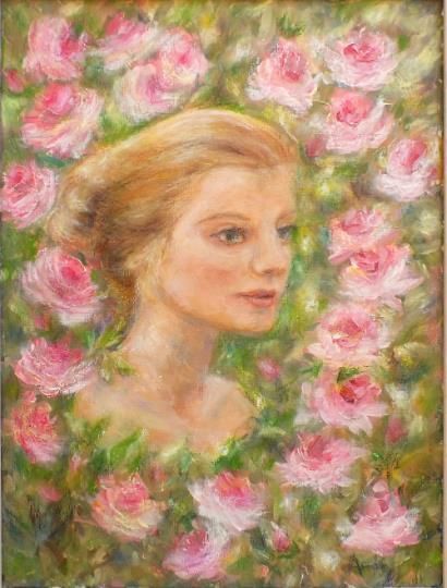 Girl Woman Portrait Original Oil Painting English Rose Framed Signed Andi Lucas photo furniture
