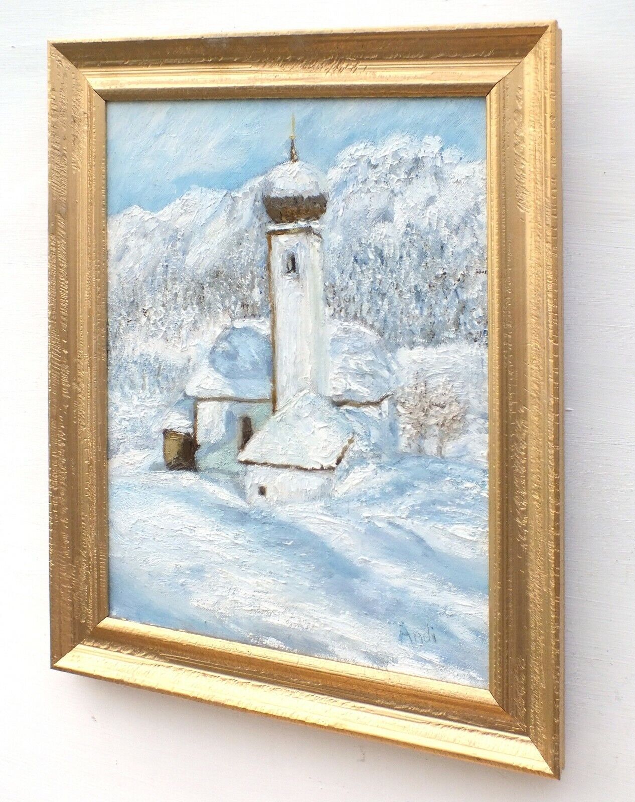Austrian Church Winter Landscape Alpine Mountains Oil Painting Framed Andi Lucas photo Art