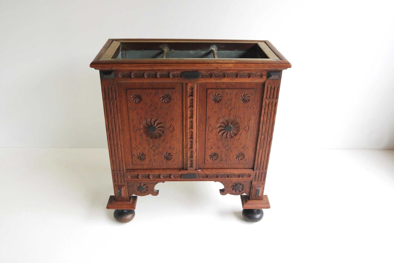 Antique Oak Neo Renaissance Style Stick Or Umbrella Stand With Zinc Liner, Dutch 1900s photo furniture